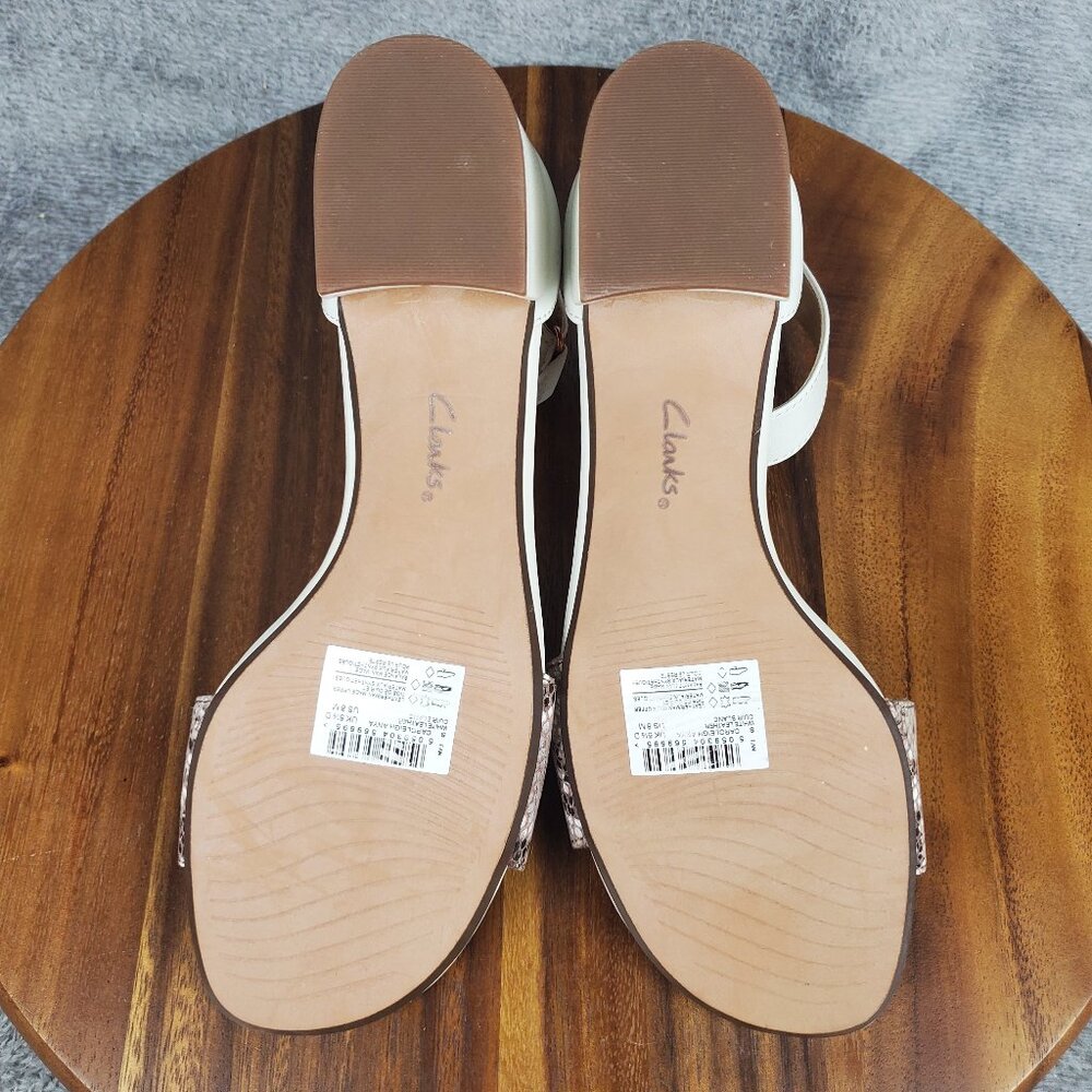 Clarks Sandals Women's 8 M White Leather Ankle Strap Block Heel Snake Print - Picture 8 of 10